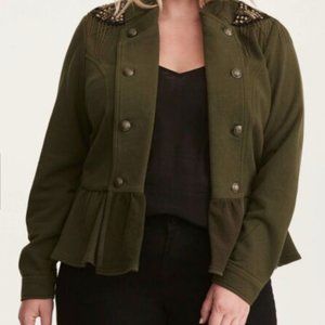 Torrid Olive Green Embellished Knit Peplum Military Jacket 1X